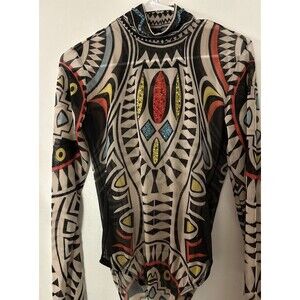 Kikiriki Retro Y2k Bold Tribal Pattern Long Sleeve Side Mesh Bodysuit Sz Medium